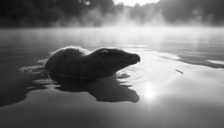 Misty lake scene with beaver swimming in the waterの写真素材