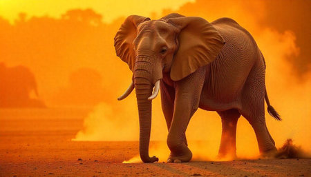 African elephant walking across dusty plains at sunset timeの写真素材