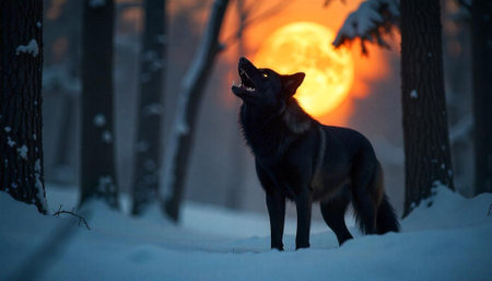 Howling Wolf in Snowy Forest at Sunset Full Moonの写真素材