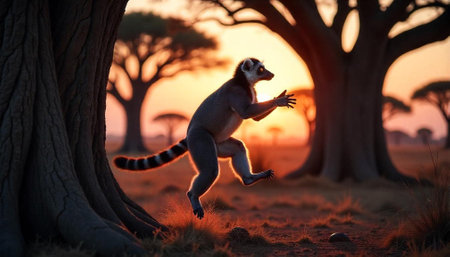 Ring-tailed Lemur Leaping Through African Savannah at Sunsetの写真素材