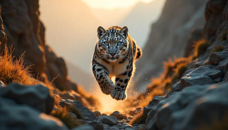 Powerful snow leopard leaping towards camera amidst rocky terrainの写真素材