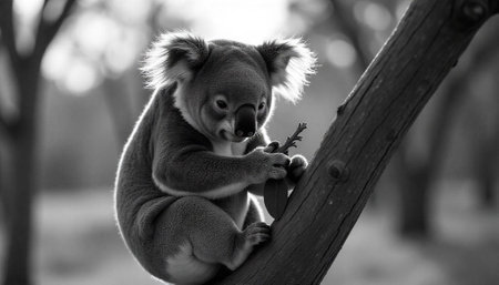 Black and white koala in tree with focused interestの写真素材