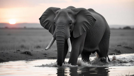 African Elephant Crossing Water at Sunset: Wildlife Photographyの写真素材