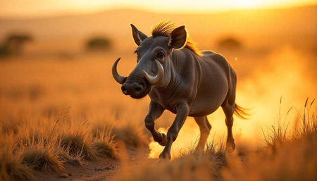 Warthog running through savanna at golden hour lightingの写真素材