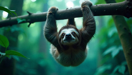 Sloth hanging from branch looking forward in jungle environmentの写真素材