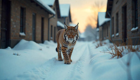 Lynx walking in snow between the brick buildings winterの写真素材