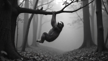 Sloth hanging from a branch in misty monochrome forestの写真素材