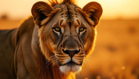 Majestic Lion Portrait During Golden Hour in African Savannaの写真素材