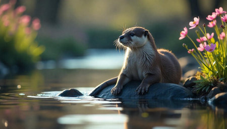 River otter resting on rock beside pink flowers