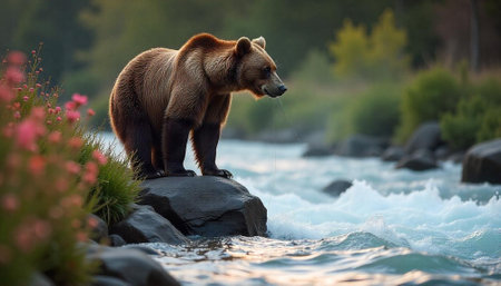 Brown bear on rock by river in golden lightの写真素材