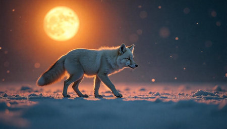 Arctic fox walking under moon on snowy winter night