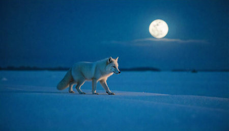 Arctic fox walks across snow under full moon at night