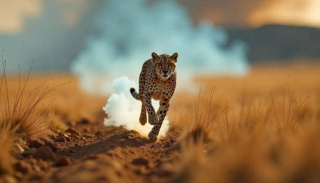 Cheetah in Full Stride on Dusty African Plainsの写真素材