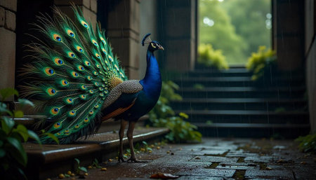 Elegant peacock displaying vibrant plumage in a rainy settingの写真素材