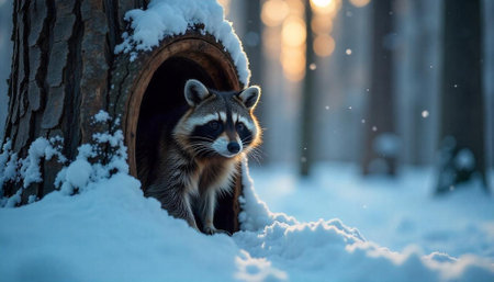 Raccoon portrait emerging from snowy tree hollow in winter