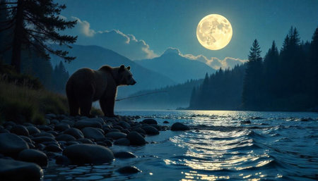 Bear fishing under moonlight on tranquil river with rocky shore