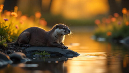 Otter portrait on a rock with river landscapeの写真素材