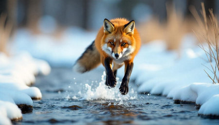 Red fox leaps over stream in snowy winter landscape