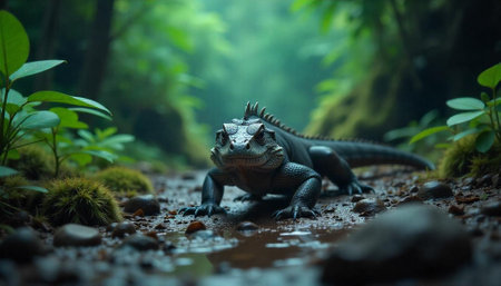 Iguana emerging from the forest floor, eye level viewの写真素材