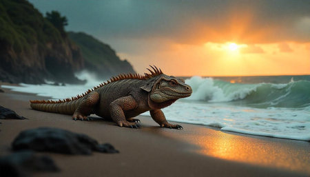 Iguana on beach at sunset realistic stock image
