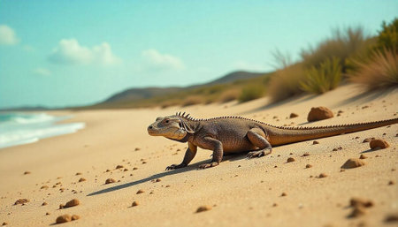 Iguana portrait on a sandy beach coast sceneryの写真素材