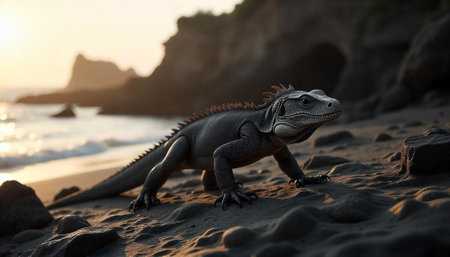 Iguana on beach at sunset realistic stock imageの写真素材