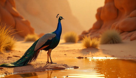 Majestic peacock by desert oasis on warm sunny dayの写真素材