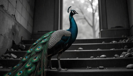 Elegant peacock perched on stairs in monochrome rainy sceneの写真素材