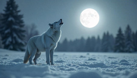 White wolf howling at the full moon in winter