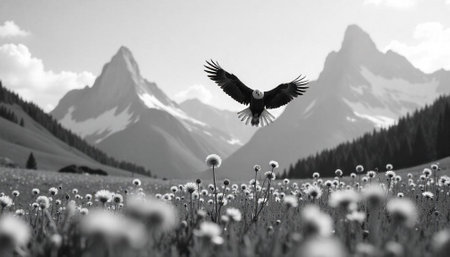 Eagle soaring over dandelion field with mountain backgroundの写真素材