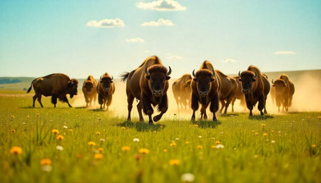 Herd of bison charging across a vibrant grassy fieldの写真素材