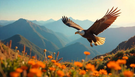 Majestic eagle soars over mountain range and wildflower fieldの写真素材