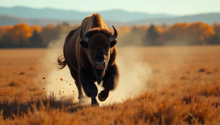 Majestic bison charging across golden grasslands during autumn seasonの写真素材