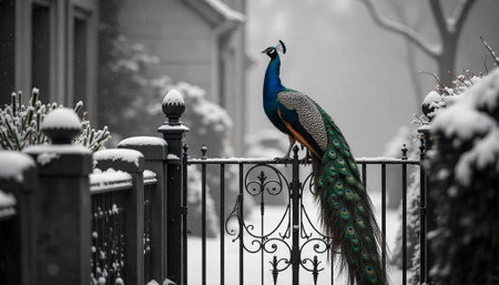 Peacock perched on a snow-covered iron fence winterの写真素材