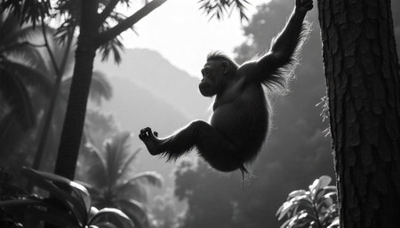 Black and white image of a monkey hanging from treeの写真素材