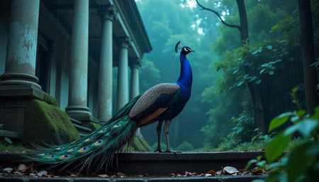 Peacock in the rain standing proud near old buildingの写真素材