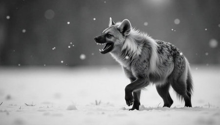 Gray hyena in snowy landscape, teeth, monochrome wildlife