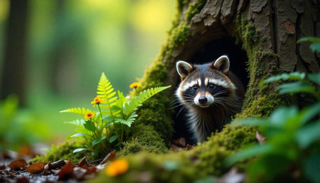Raccoon peeking out of a mossy tree trunk hollowの写真素材