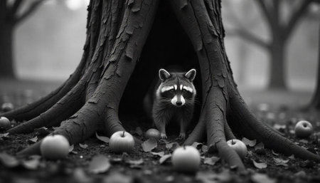 Raccoon emerging from tree hollow in monochromatic forest settingの写真素材