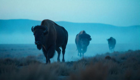 American Bison herd moving in hazy, blue western landscapeの写真素材