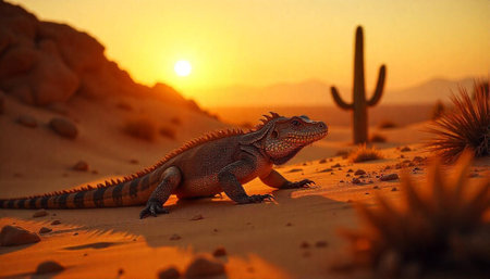 Iguana lizard resting in the desert at sunset timeの写真素材