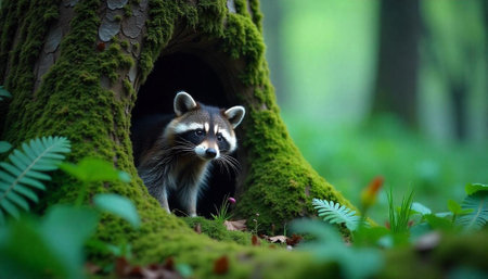 Raccoon peering from moss-covered tree trunk in forest sceneの写真素材