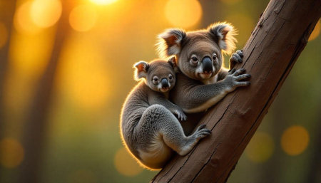 Mother Koala Bear with Baby Climbing Tree at Sunsetの写真素材
