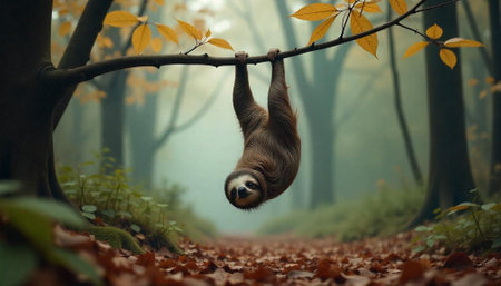 Cute sloth hanging upside down in an autumnal forestの写真素材