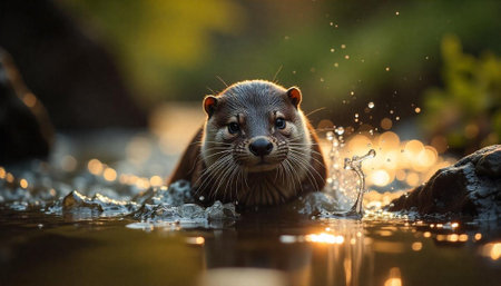 Otter emerges from river water with bokeh background