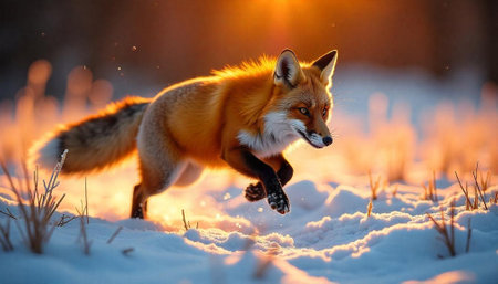 Fox leaping through snow at sunset, illuminated by sunlight