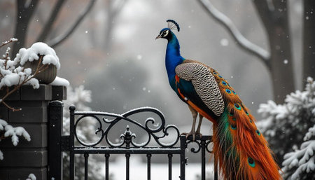 Peacock perched on gate in winter wonderland settingの写真素材