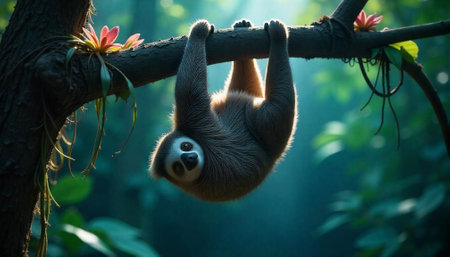 Cute Sloth Hanging Upside Down from Branch in Jungle