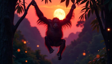 Orangutan swinging through a vibrant jungle at sunset timeの写真素材