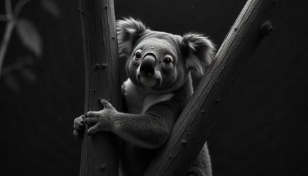 Monochromatic portrait of koala bear hugging tree trunkの写真素材
